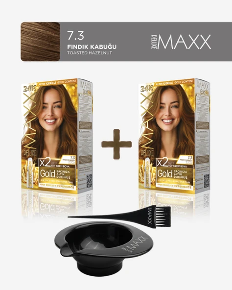 Maxx Deluxe 2'li Paket Golden Beauty Set Saç Boyası 7.3 Fındık Kabuğu, Boya Tası ve Fırça Hediye! ürün görseli 1