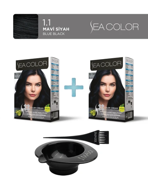 Sea Color 2'li Paket Set Saç Boyası 1.1 Mavi Siyah, Boya Tası ve Fırça Hediye! ürün görseli 1