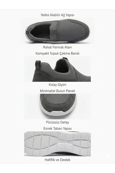 Kadın Erkek  Unisex Ortopedik Bağcıksız Nefes Alabilen Hafif Yürüyüş Sneaker Füme Renk Spor Ayakkabı ürün görseli 1