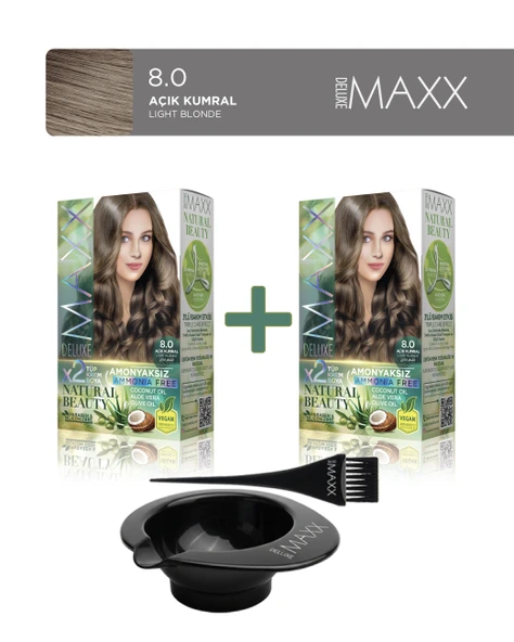 Maxx Deluxe 2'li Natural Beauty Amonyaksız Set Saç Boyası 8.0 Açık Kumral, Boya Tası, Fırça Hediye! ürün görseli 1