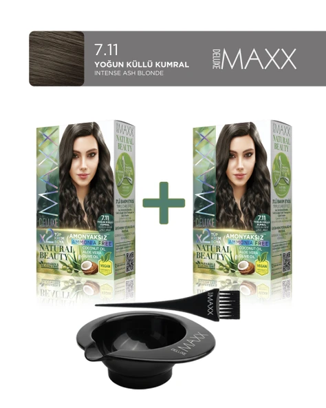 Maxx Deluxe 2'li Natural Beauty Amonyaksız Saç Boyası 7.11 Yoğun Küllü Kumral, Boya Tası, Fırça Hediye! ürün görseli 1