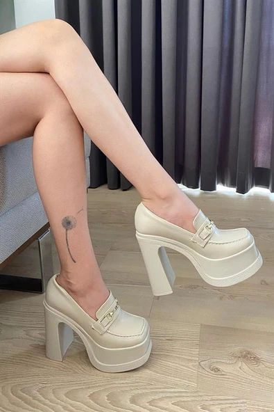 Norino Kadın Clara Krem Cilt İnce Tokalı Lofer Model 12 cm  Platform Topuklu Ayakkabı ürün görseli 1