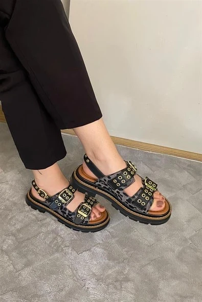 Norino Kadın Mendez Siyah Leopar Çift Bantlı Kabsül ve Vardola Deyatlı  Kalın Taban Ortopedik  Sandalet  K-120 ürün görseli 1