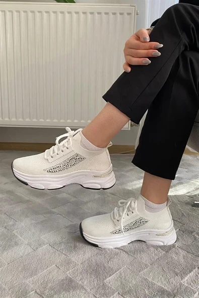 Norino Kadın Fabri Beyaz Triko Taşlı Spor Ayakkabı & Sneaker ürün görseli 1