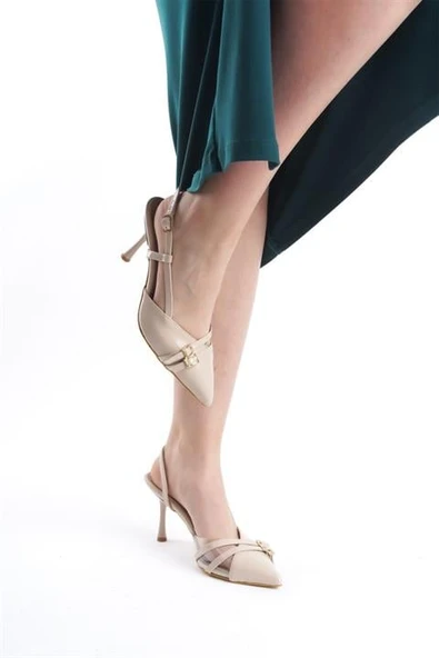 Norino Kadın Arina Krem Cilt 9 Cm İnce Topuklu Sivri Burunlu Yanları Acık Stiletto ürün görseli 1