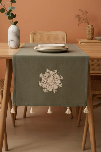 Haki Dantel Motifli Runner 50x130 cm ürün görseli 1