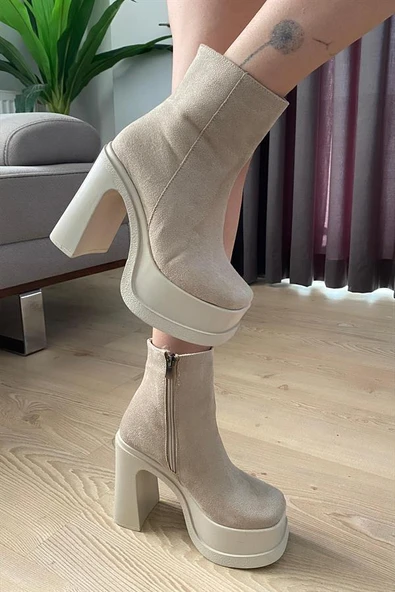 Norino Kadın Sidney Krem Süet 12 cm Platform Topuklu Fermuarlı Bot ürün görseli 1