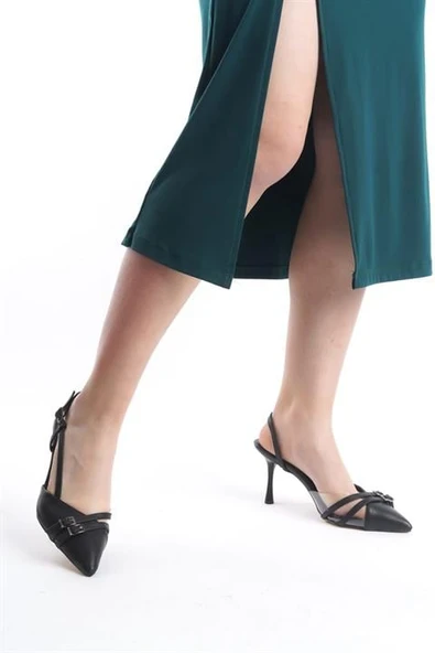 Norino Kadın Arina Siyah Cilt 9 Cm İnce Topuklu Sivri Burunlu Yanları Acık Stiletto ürün görseli 1