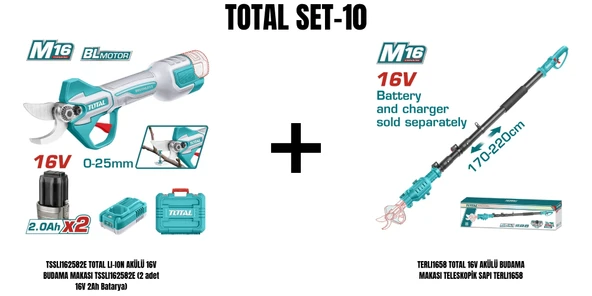 Total Set-10 (TOTAL LI-ION AKÜLÜ 16V BUDAMA MAKASI+TOTAL 16V AKÜLÜ BUDAMA MAKASI TELESKOPİK SAPI) ürün görseli 1