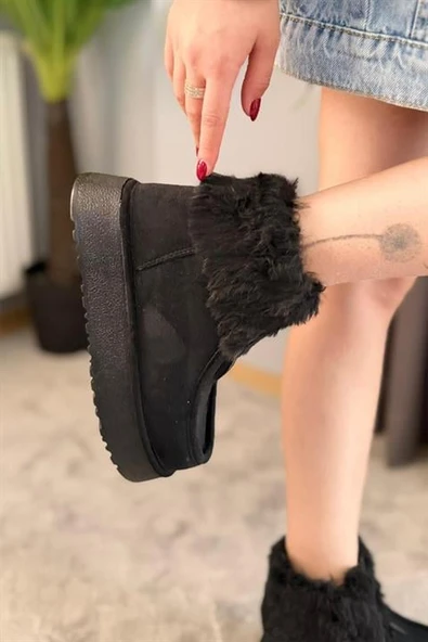 Norino Kadın İmpera Siyah Süet Kürklü Fermuarlı 4 cm Kalın Tabanlı Kısa Bot ürün görseli 1