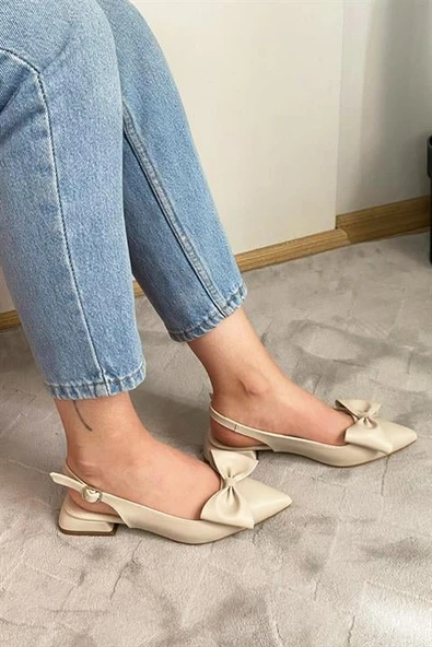 Norino Sista Krem Cilt Fiyoklu Arkası Acık 2 cm Topuklu Sivri Burun Babet ürün görseli 1