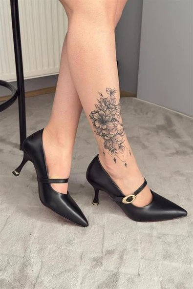 Norino Kadın Sarah Siyah Cilt 7cm  Ince Topuk Önden Tokalı Ayakkabı Stiletto ürün görseli 1