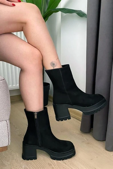 Norino Kadın Pita Siyah Süet ( 8 cm ) Platfom Topuklu Fermuarlı Bot ürün görseli 1