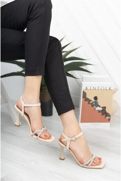 Norino Kadın Taşlı Krem Dress Topuklu Ayakkabı Stiletto ürün görseli 1