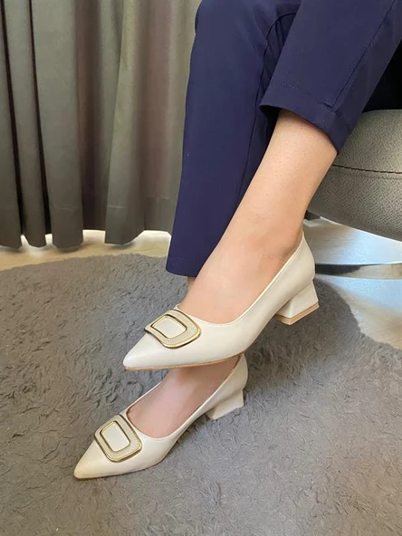 Norino Kadın Pita Krem Deri Tokalı  Stiletto Alcak Ökçe Abiye Ayakkabı ürün görseli 1