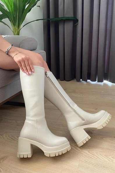 Norino Kadın Oslo Krem Cilt 8 cm Topuklu Yandan Fermuarlı Çizme ürün görseli 1