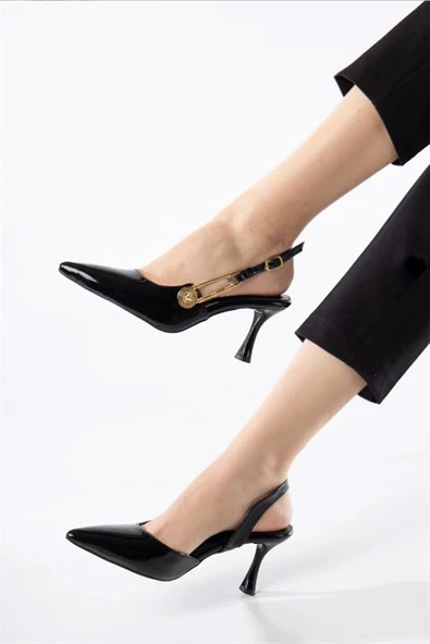 Norino Kadın Grant Siyah Rugan Düğmeli Tokalı 7 cm  Ince Topuk Ayakkabı Stiletto ürün görseli 1