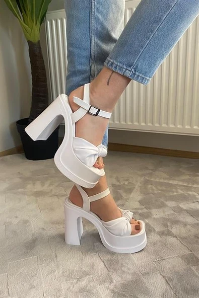 Norino Kadın Sersi Beyaz Fiyonk Bantlı (12 cm ) Platform Topuklu Ayakkabı ürün görseli 1