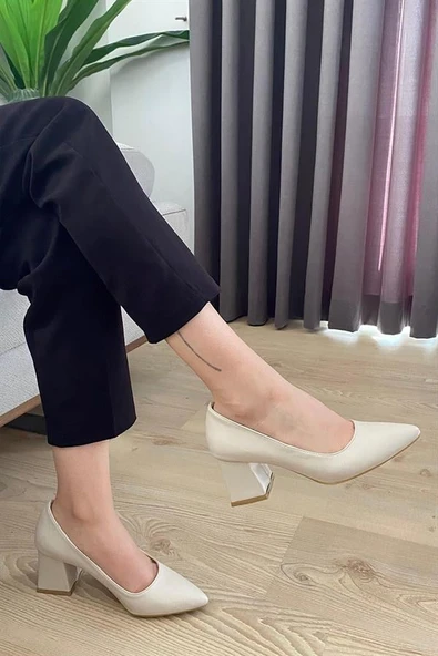 Norino Kadın Nova Krem Cilt 6,5 cm Kalın Topuklu Stiletto ürün görseli 1