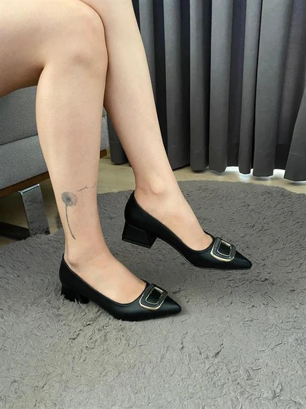 Norino Kadın Pita Siyah Deri Tokalı  Stiletto Alcak Ökçe Abiye Ayakkabı ürün görseli 1
