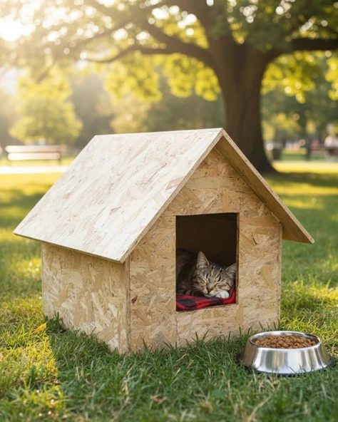 Reyo Kedi Evi Dış Ortam Uygun Ahşap Kedi Evi OSB 50x50x35 cm ürün görseli 1