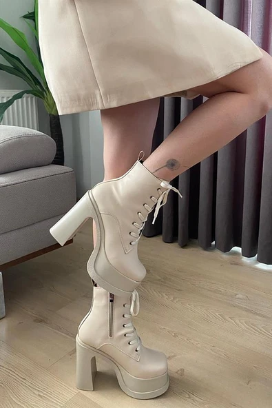 Norino Kadın Simya Krem Bağcıklı Detaylı 12 cm Platform Topuklu Fermuarlı Bot ürün görseli 1