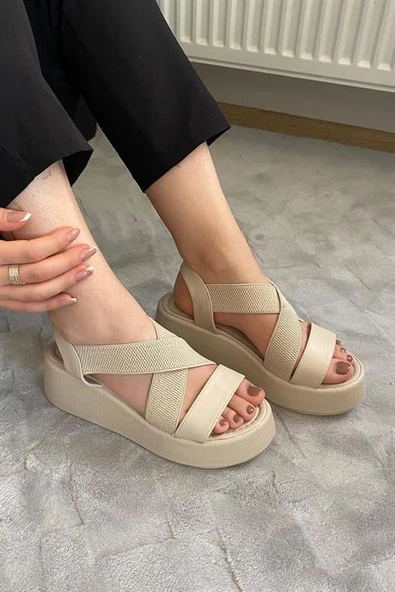 Norino Kadın Mokka Bej Lastik Detaylı  Dolgu Tabanlı Sandalet ürün görseli 1