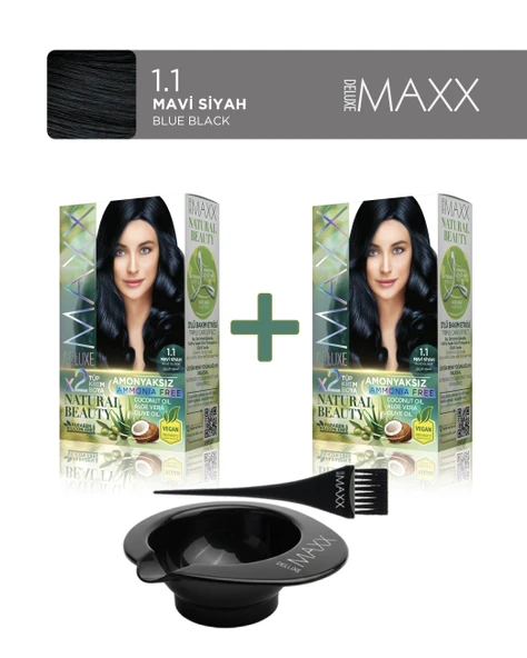 Maxx Deluxe 2'li Natural Beauty Amonyaksız Set Saç Boyası 1.1 Mavi Siyah, Boya Tası, Fırça Hediye! ürün görseli 1