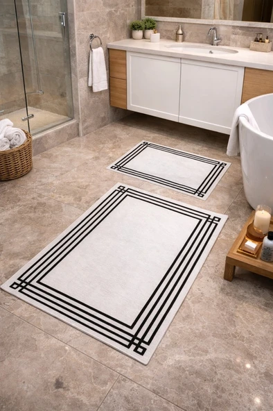 Modern Çizgili Çerçeve Banyo Paspası Kaydırmaz Tabanlı Yumuşak 2’li Set ürün görseli 1
