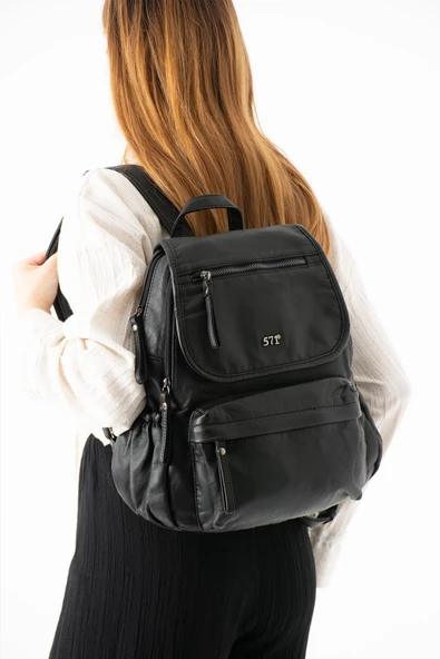 Yıkanmış Deri Sırt Çantası Siyah Model: (571-14-11M) ürün görseli 1