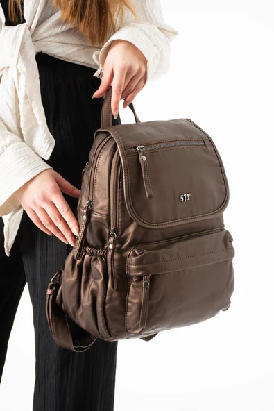 Yıkanmış Deri Sırt Çantası Bronz Model: (571-14-11M) ürün görseli 1