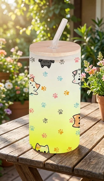 Sevimli Kedi Figürlü Buzlu Cam Suluk – 600 ml Cam Pipetli & Bambu Kapaklı ürün görseli 1