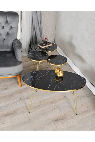 MRVHOMEE 4’lü Modern Gold Detaylı Metal Ayaklı Orta Sehpa & Zigon Sehpa Seti – Mermer Desenli Siyah ürün görseli 1