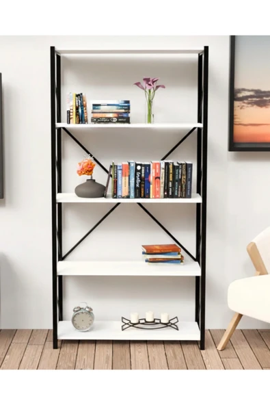 MRVHOMEE 150 cm 5 Katlı Metal Kitaplık – 60x30 cm Raf Ölçülü – Endüstriyel Tasarım- BEYAZ ürün görseli 1