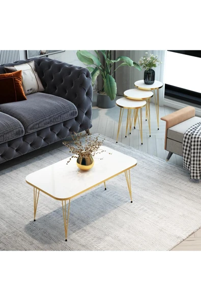MRVHOMEE 4'Lü, Modern Gold Detaylı Metal Ayaklı Sehpa Seti - beyaz ürün görseli 1