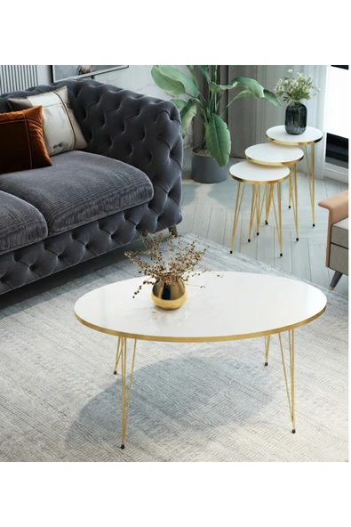 MRVHOMEE 4’lü Modern Gold Detaylı Metal Ayaklı Orta Sehpa & Zigon Sehpa Seti – Beyaz ürün görseli 1