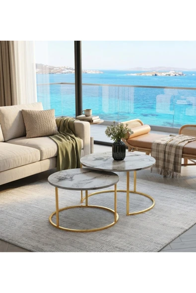 MRVHOMEE 2’li Orta Sehpa Seti – 60 & 75 cm – GOLD Metal Ayaklı-MERMER GÖRÜNÜMLİ Gri ürün görseli 1