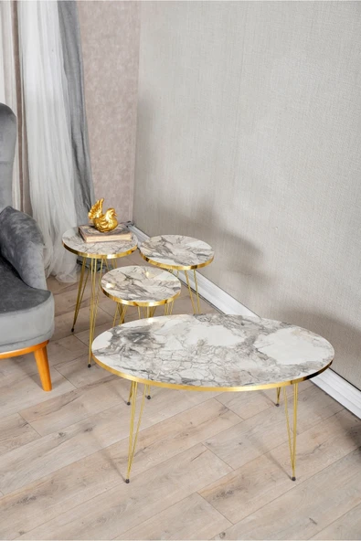 MRVHOMEE 4’lü Modern Gold Detaylı Metal Ayaklı Orta Sehpa & Zigon Sehpa Seti – Mermer Desenli Gri ürün görseli 1