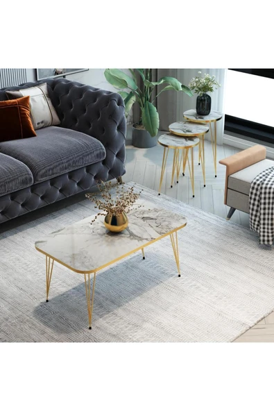 MRVHOMEE 4'Lü, Modern Gold Detaylı Metal Ayaklı Sehpa Seti -mermer görünümlü gri ürün görseli 1
