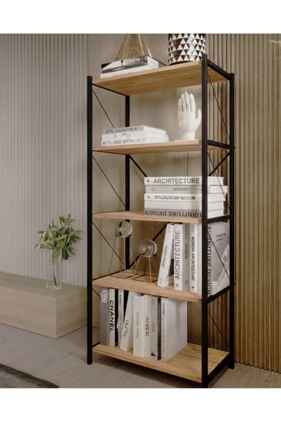 MRVHOMEE 180 cm 5 Katlı Metal Kitaplık – 90 x30 cm Raf Ölçülü – Endüstriyel Tasarım- AHŞAP ürün görseli 1