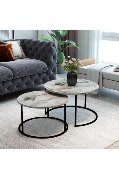 MRVHOMEE 2’li Orta Sehpa Seti – 60 & 75 cm – Siyah Metal Ayaklı-MERMER GÖRÜNÜMLİ GRİ ürün görseli 1