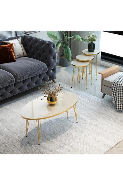 MRVHOMEE 4’lü Modern Gold Detaylı Metal Ayaklı Orta Sehpa & Zigon Sehpa Seti – Krem ürün görseli 1