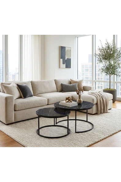 MRVHOMEE 2’li Orta Sehpa Seti – 60 & 75 cm – Siyah Metal Ayaklı-SİYAH ürün görseli 1