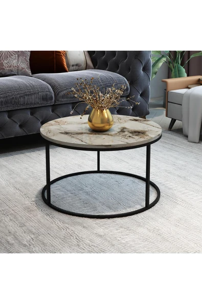 MRVHOMEE TEKLİ GRİ Orta Sehpa- siyah Metal Ayaklı - 60 cm Kahve Sehpası ürün görseli 1