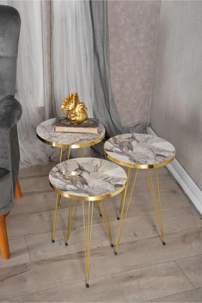 MRVHOMEE 3’lü Zigon Sehpa Seti – 33 cm – Gold Tel Ayaklı Gri Mermer görünümlü ürün görseli 1