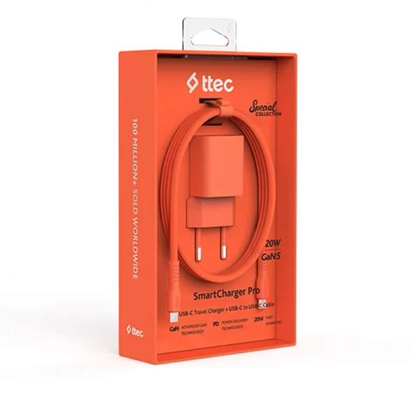 Ttec SmartCharger GAN 20W PD Seyahat Hızlı Şarj Aleti + USB-C - USB-C 3A Kablo Neon Turuncu ürün görseli 1