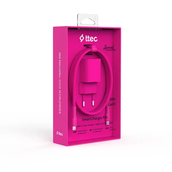 Ttec SmartCharger GAN 20W PD Seyahat Hızlı Şarj Aleti + USB-C - USB-C 3A Kablo Neon Pembe ürün görseli 1