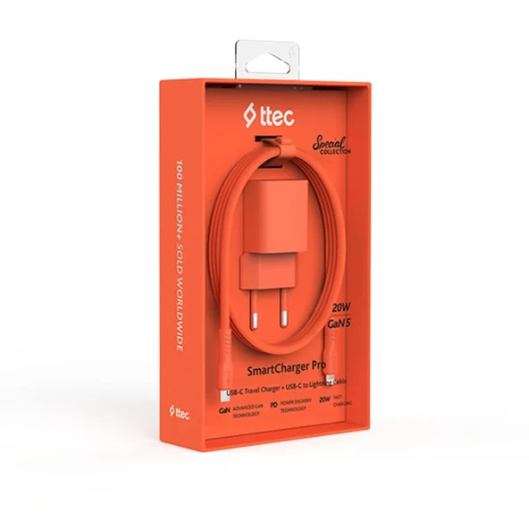 Ttec SmartCharger GAN 20W PD Seyahat Hızlı Şarj Aleti + USB-C - Lightning 120cm Kablo Neon Turuncu ürün görseli 1