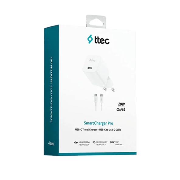 Ttec SmartCharger GAN 20W PD Seyahat Hızlı Şarj Aleti + USB-C - USB-C 60W Kablo ürün görseli 1