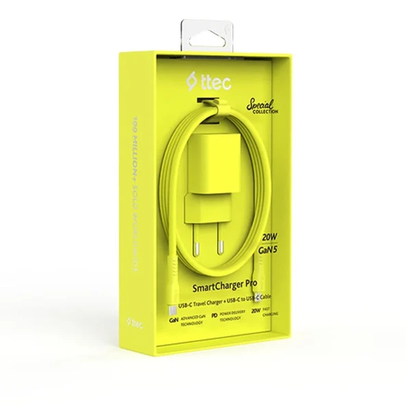 Ttec SmartCharger GAN 20W PD Seyahat Hızlı Şarj Aleti + USB-C - USB-C 3A Kablo Neon Sarı ürün görseli 1